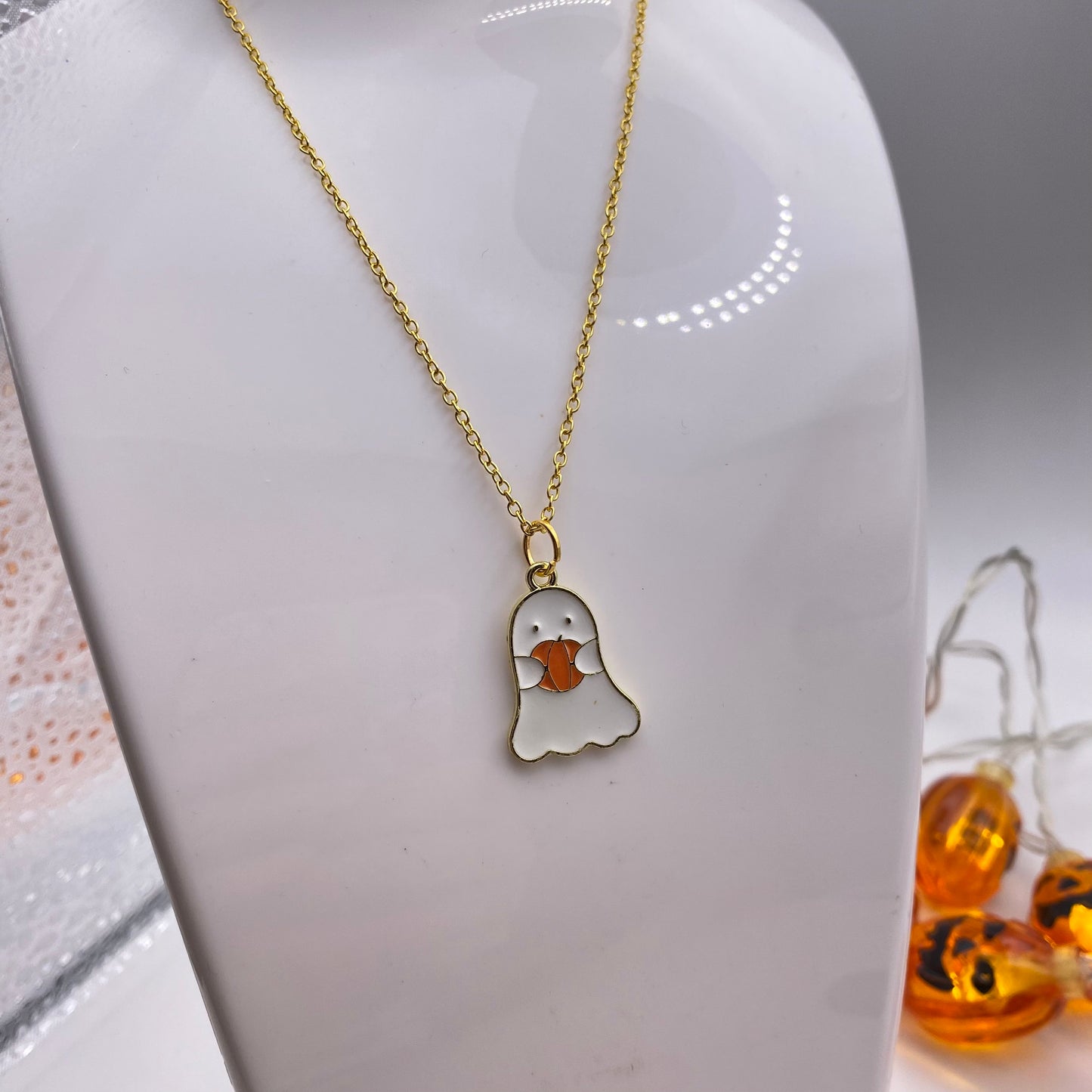 White Ghost Pumpkin Necklace (Gold)