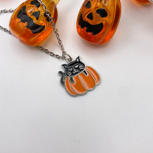 Black Cat in a Pumpkin Necklace