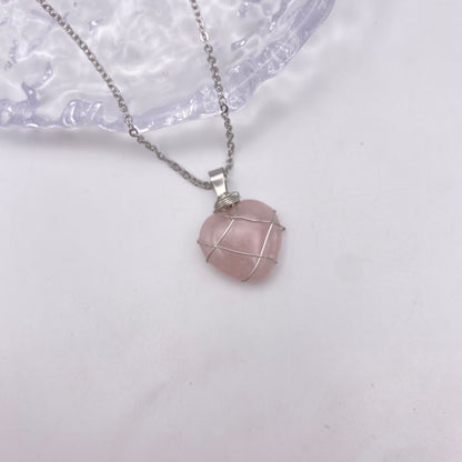 Silver Wire Wrapped Rose Quartz Crystal Heart Pendant Necklace