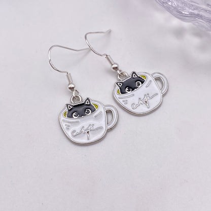 Silver Cat In A Coffee Cup Earrings