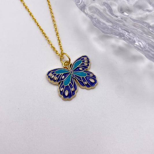 Gold Blue Butterfly Necklace