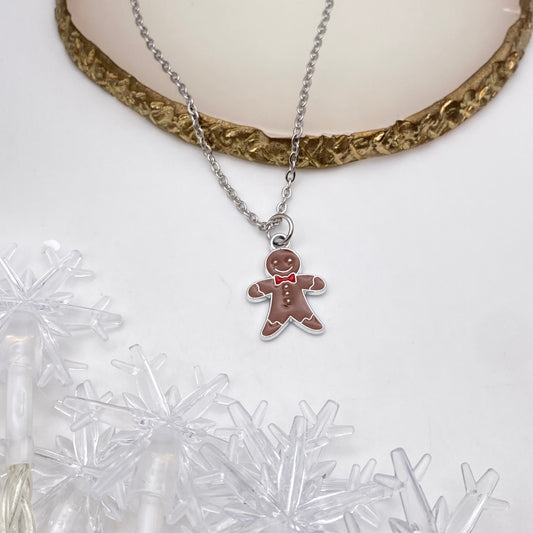 Brown Gingerbread Man Silver Necklace