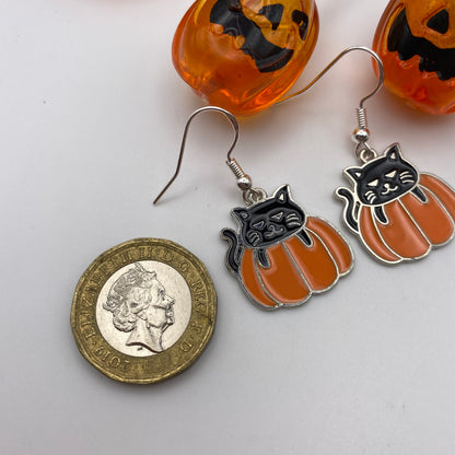 Black Cat in a Pumpkin Earrings