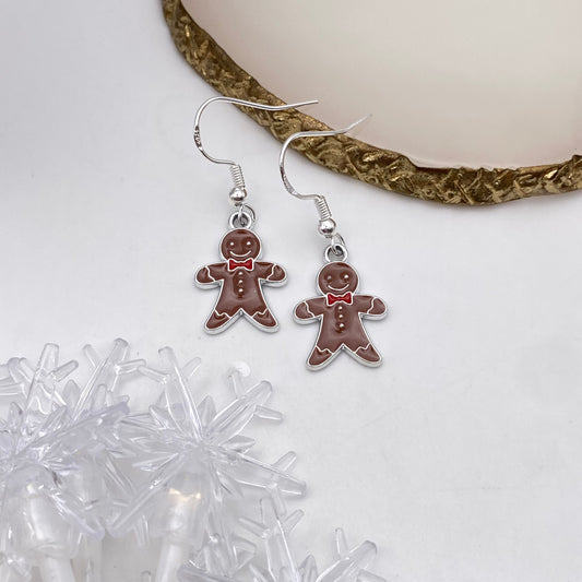 Brown Gingerbread Man Silver Earrings