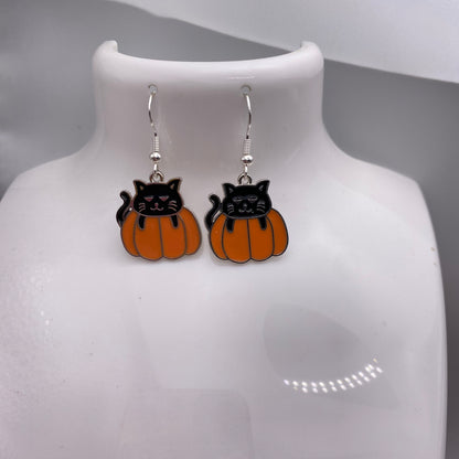 Black Cat in a Pumpkin Earrings