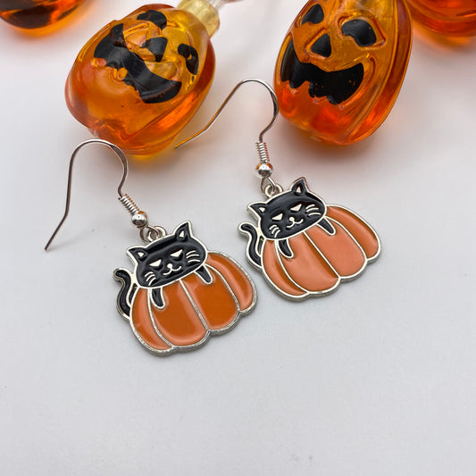Black Cat in a Pumpkin Earrings