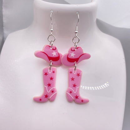 Dangly Pink Cowboy Boot Earrings
