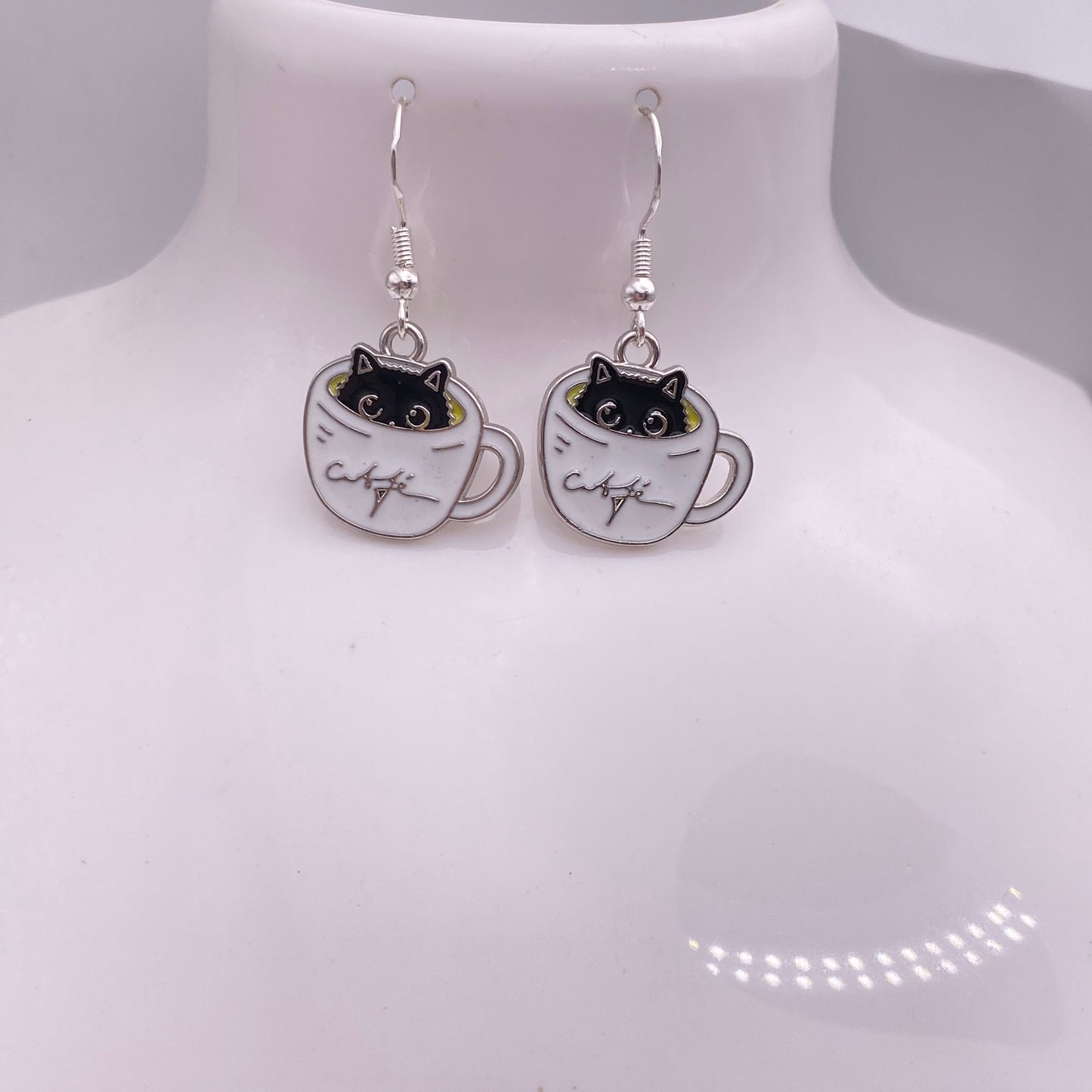 Silver Cat In A Coffee Cup Earrings