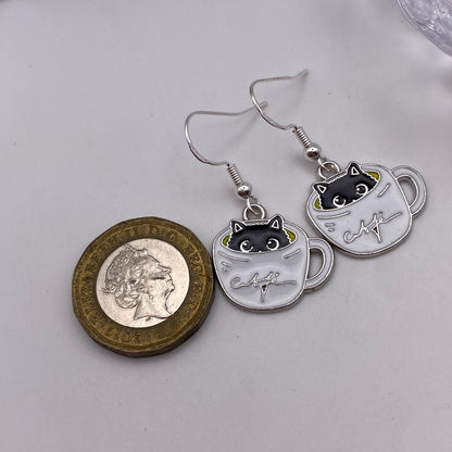 Silver Cat In A Coffee Cup Earrings