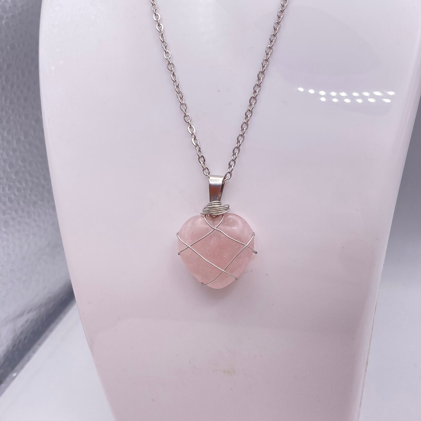 Silver Wire Wrapped Rose Quartz Crystal Heart Pendant Necklace