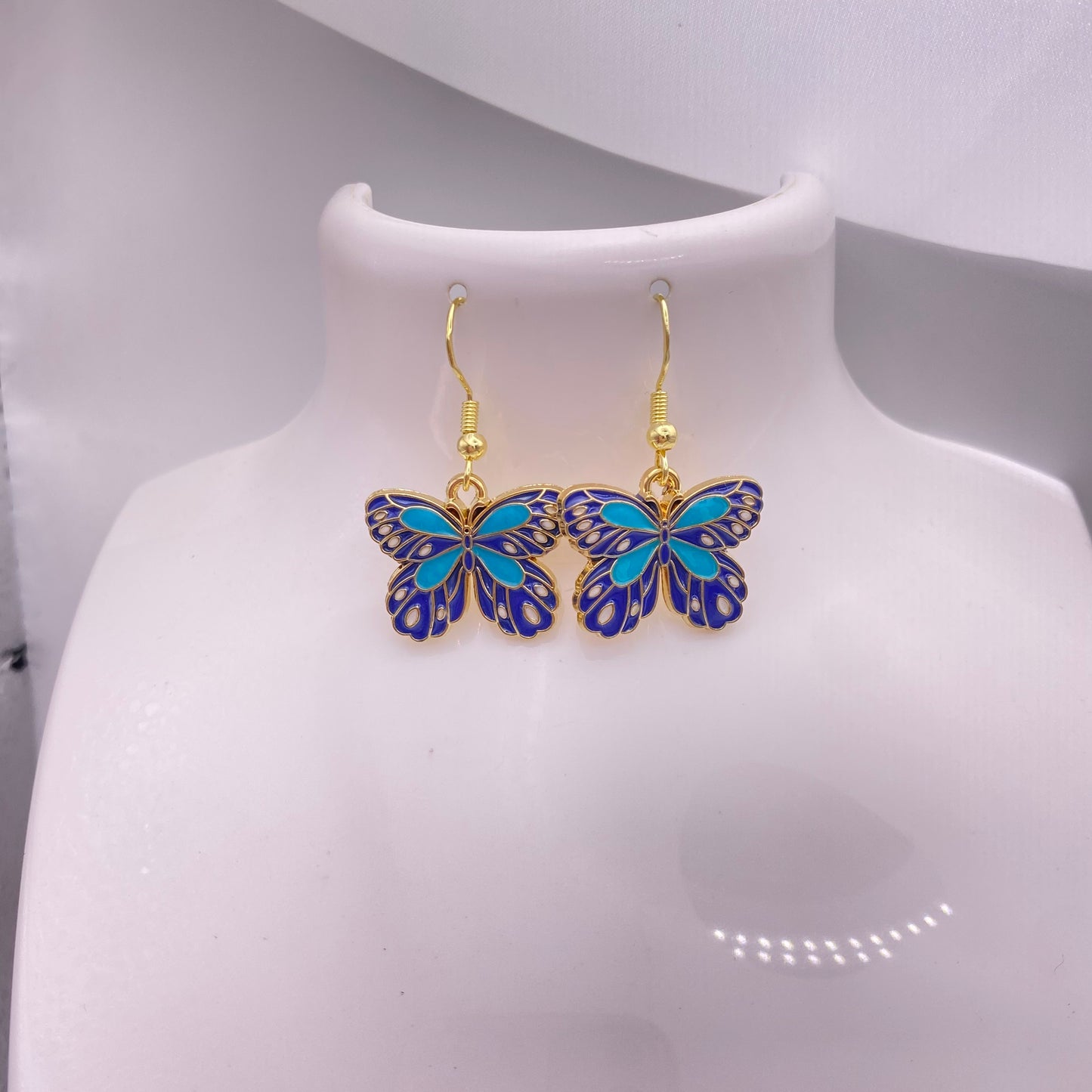 Blue Gold Butterfly Earrings