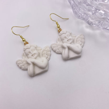 White Angel Cherub Earrings Gold