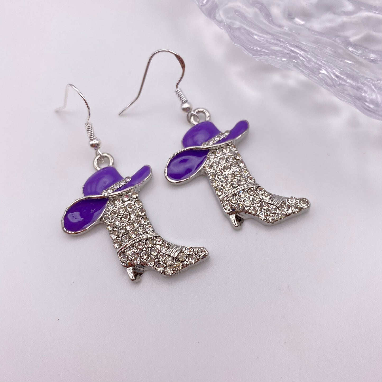 Purple Disco Cowboy Boot With Hat Earrings