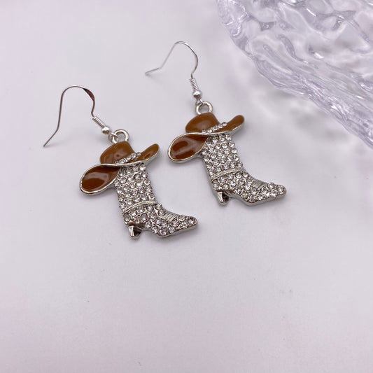 Brown Disco Cowboy Boot With Hat Earrings