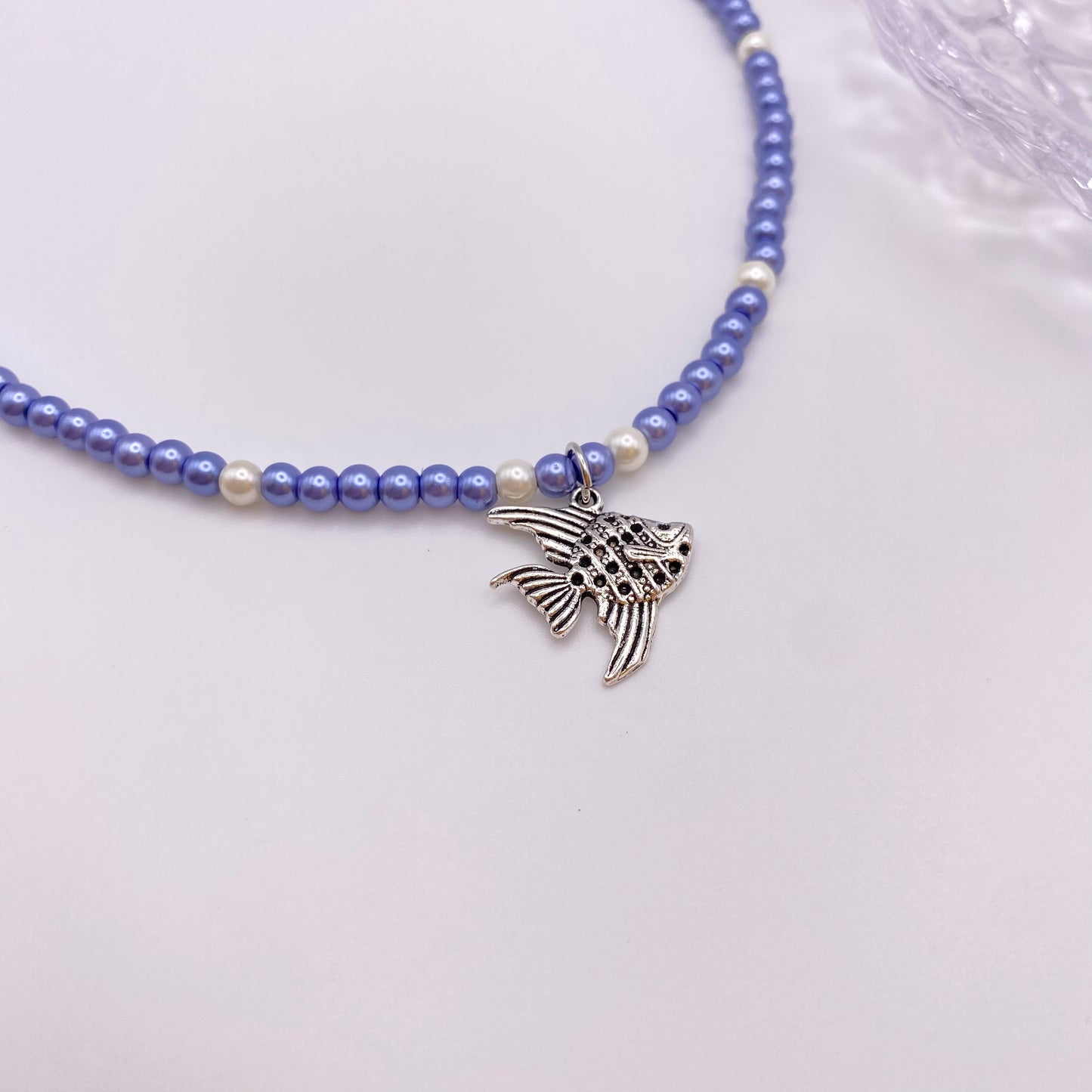 Blue and White Pearl Beaded Necklace with Fish