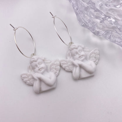 White Angel Cherub Hoop Earrings