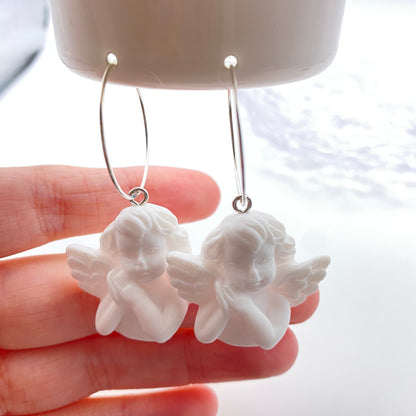 White Angel Cherub Hoop Earrings