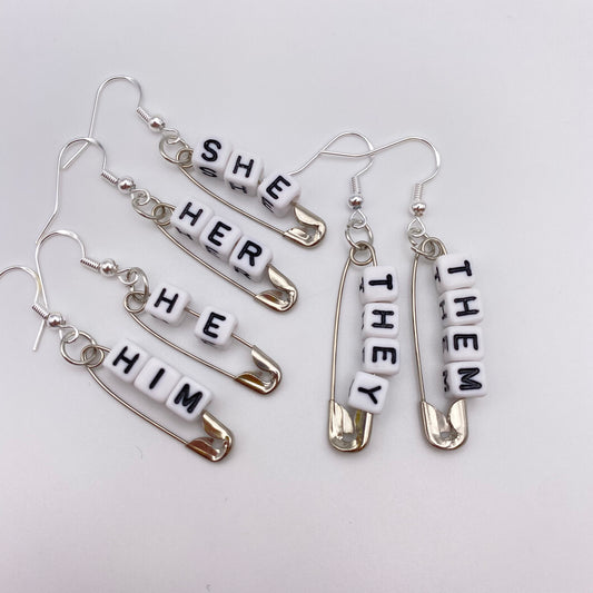 Pronoun Safety Pin Earrings