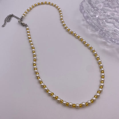 Gold and White Pearl Beaded Necklace