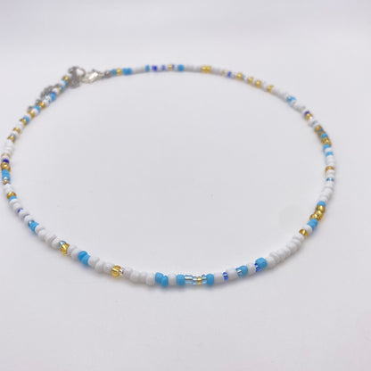 Messy Blue White and Gold Beaded Necklace