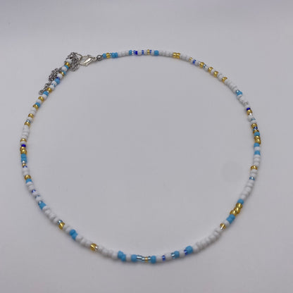 Messy Blue White and Gold Beaded Necklace