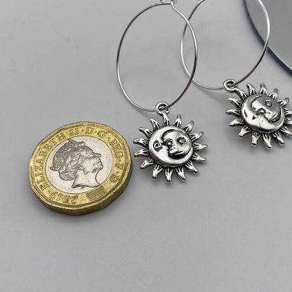 Small Silver Sun and Moon Hoop Earrings