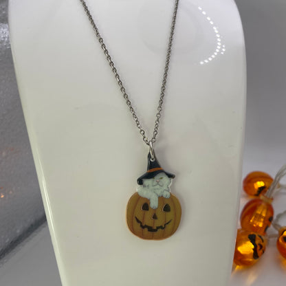 Witch Cat in a Pumpkin Necklace