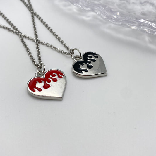 Red and Black Flame Hearts Matching Necklaces
