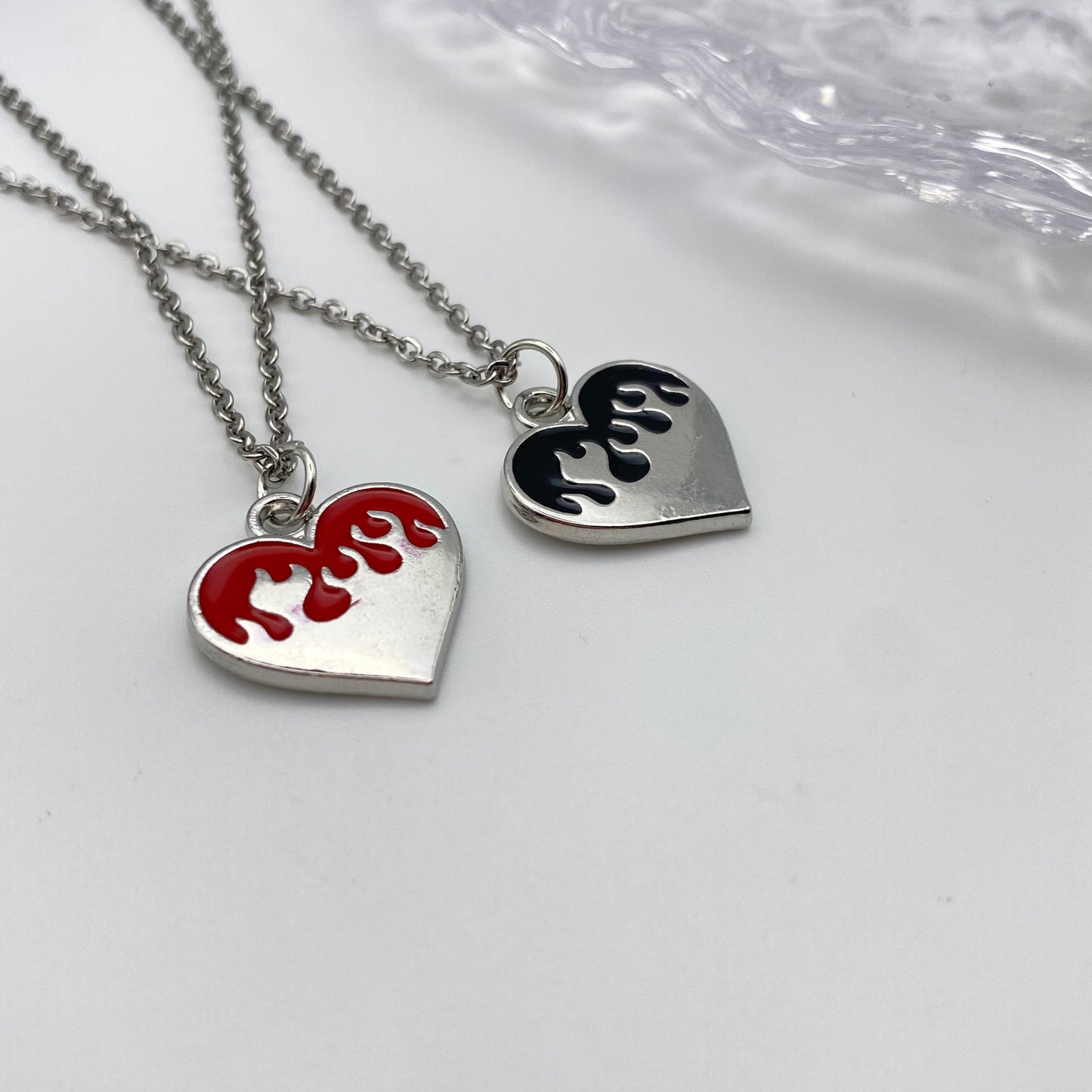 Red and Black Flame Hearts Matching Necklaces