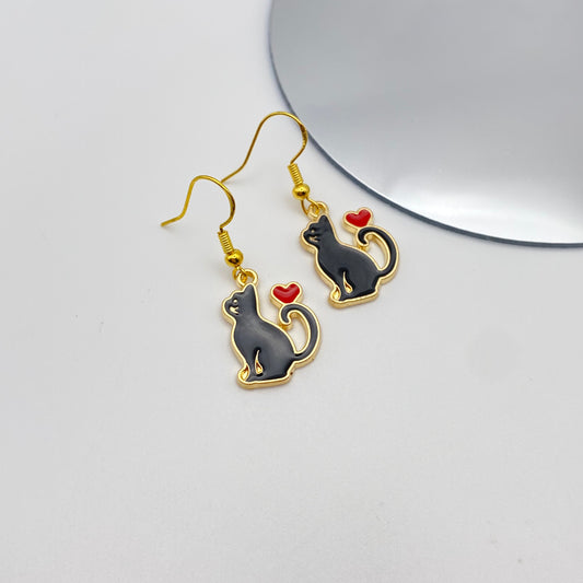 Black Cat Heart Earrings