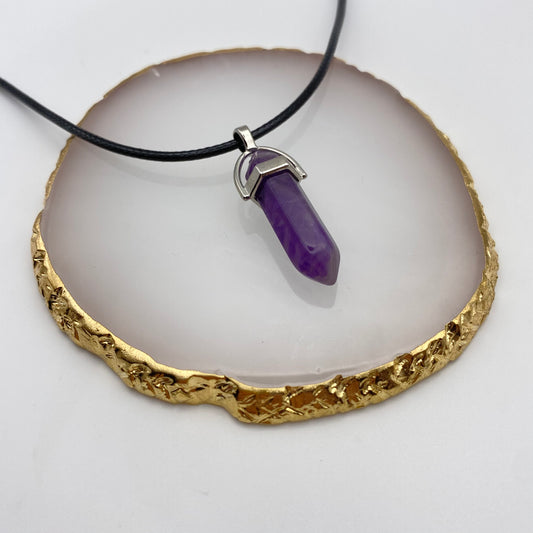 Amethyst Crystal Pendant Necklace on Black Cord
