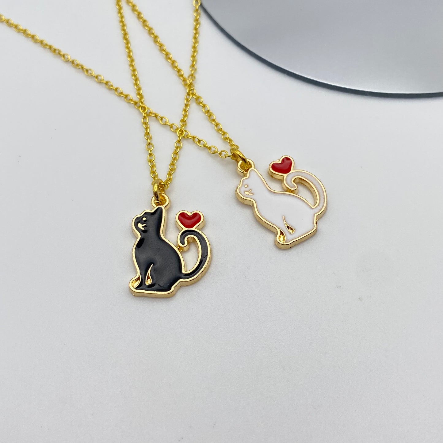 Black and White Cat Heart Matching Necklaces
