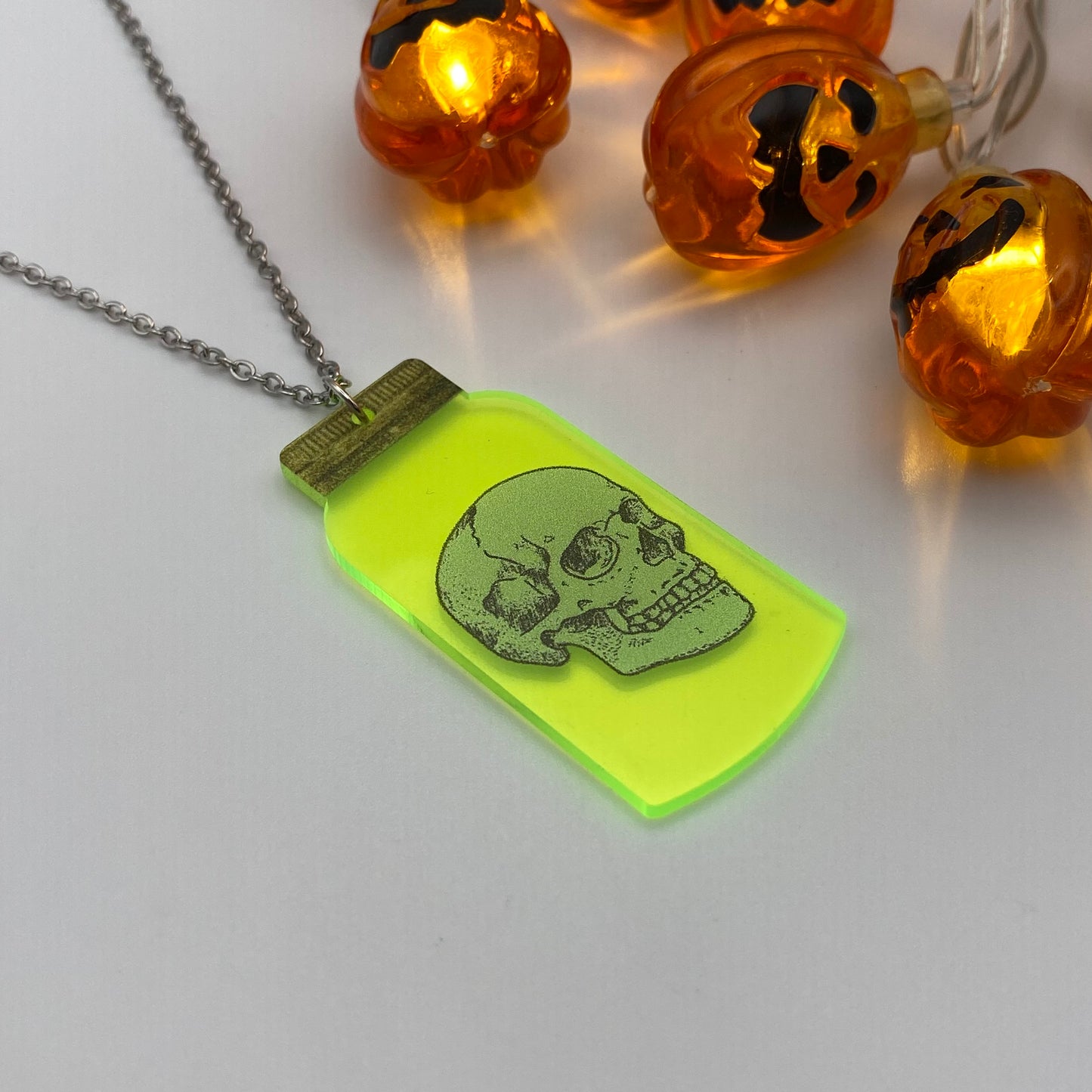 Skull in a Jar Neon Necklace
