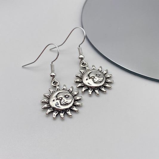 Small Silver Sun and Moon Earrings