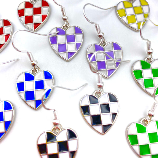 Silver Checkered Heart Earrings