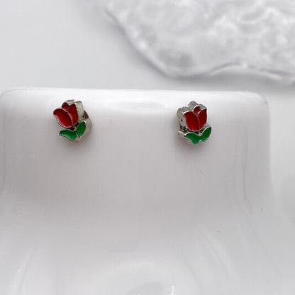 Red Rose Flower Stud Earrings