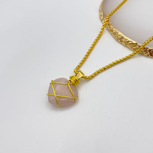 Gold Wire Wrapped Rose Quartz Crystal Heart Pendant Necklace