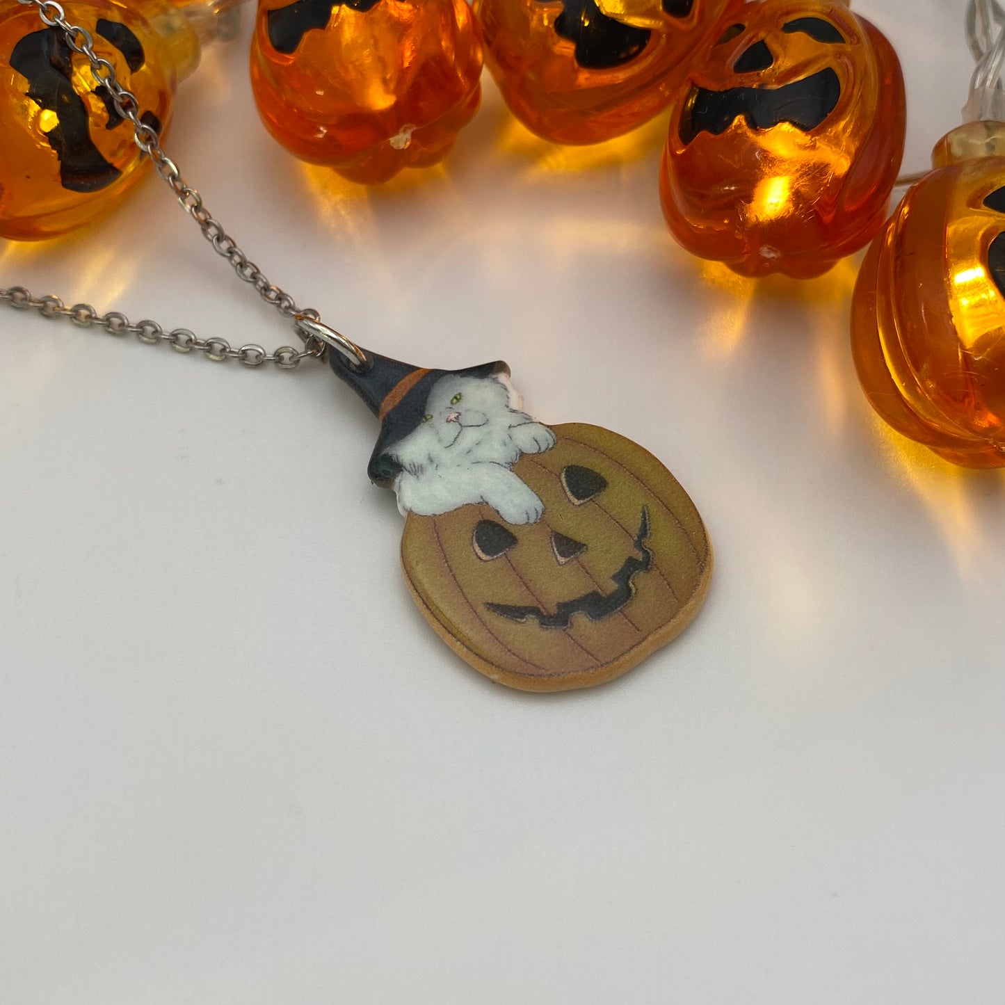 Witch Cat in a Pumpkin Necklace