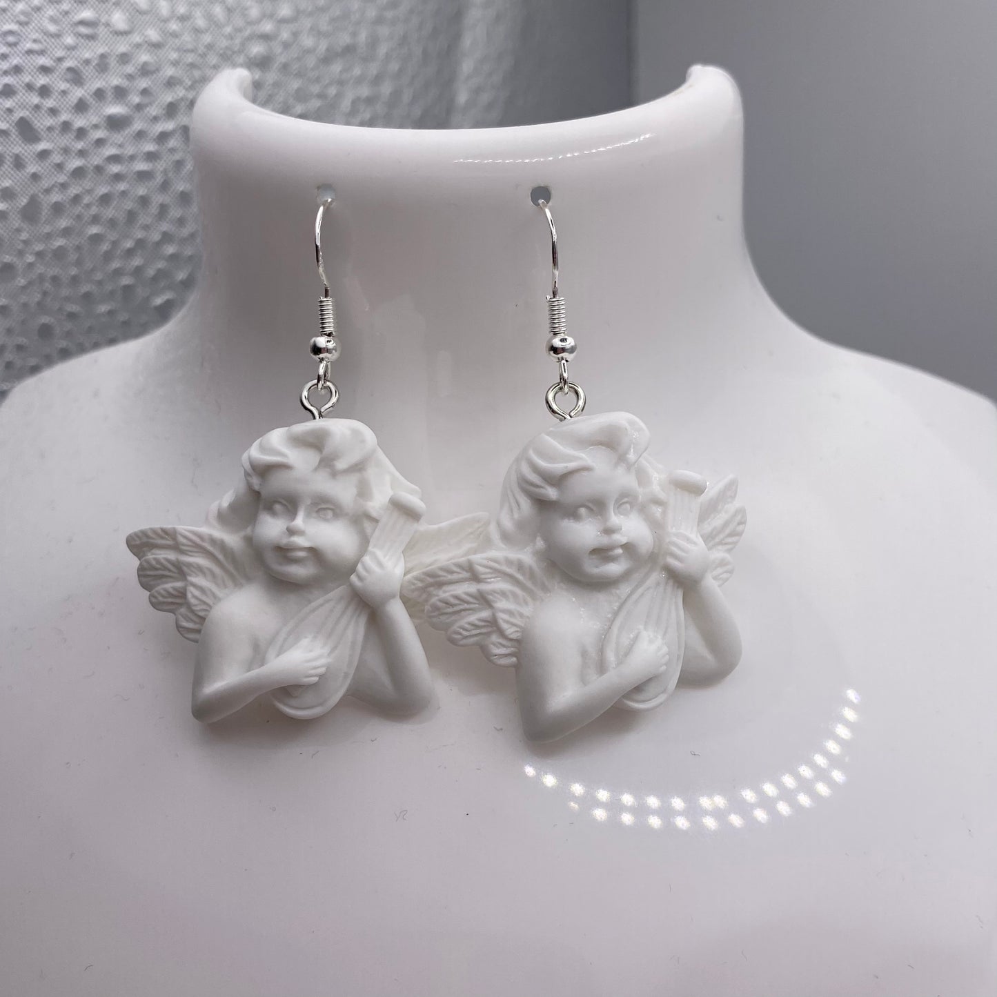 White Angel Cherub With Guitar Earrings