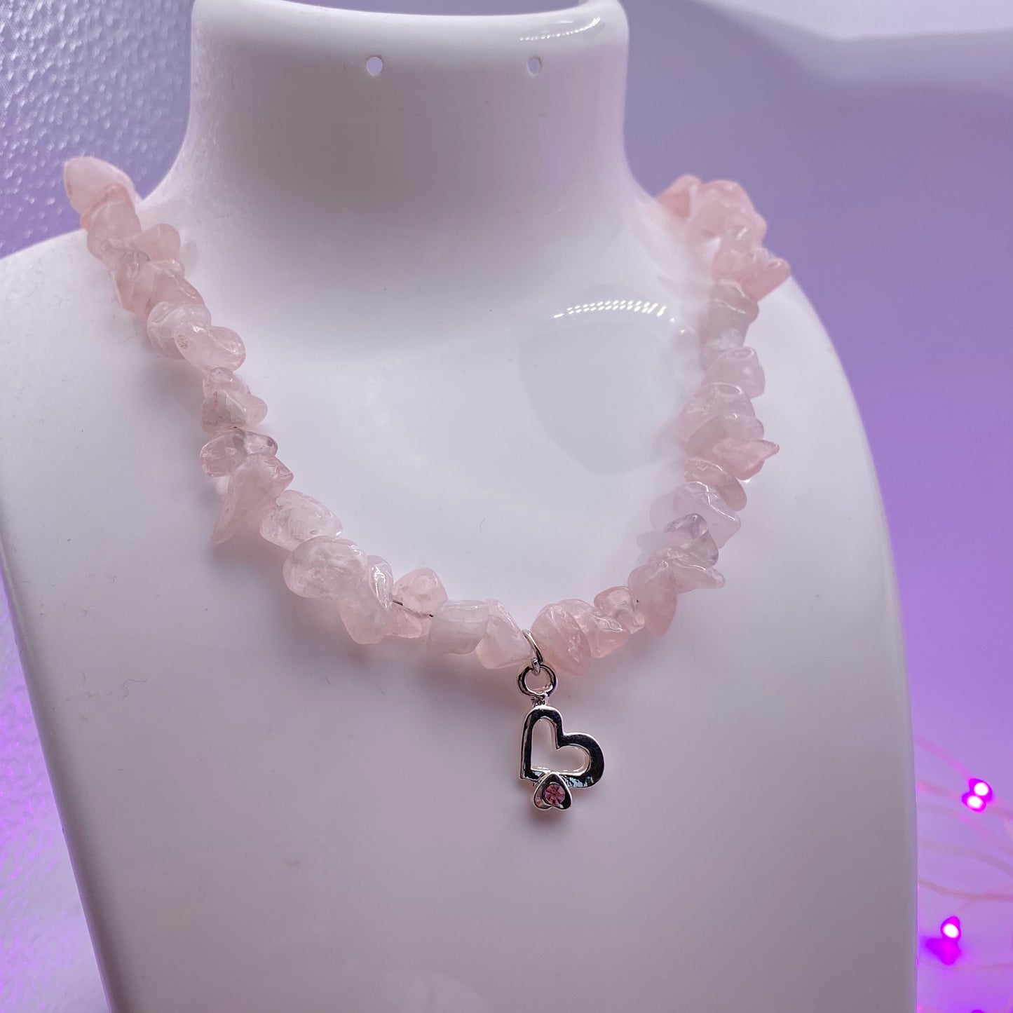Pink Rose Quartz Crystal Heart Necklace