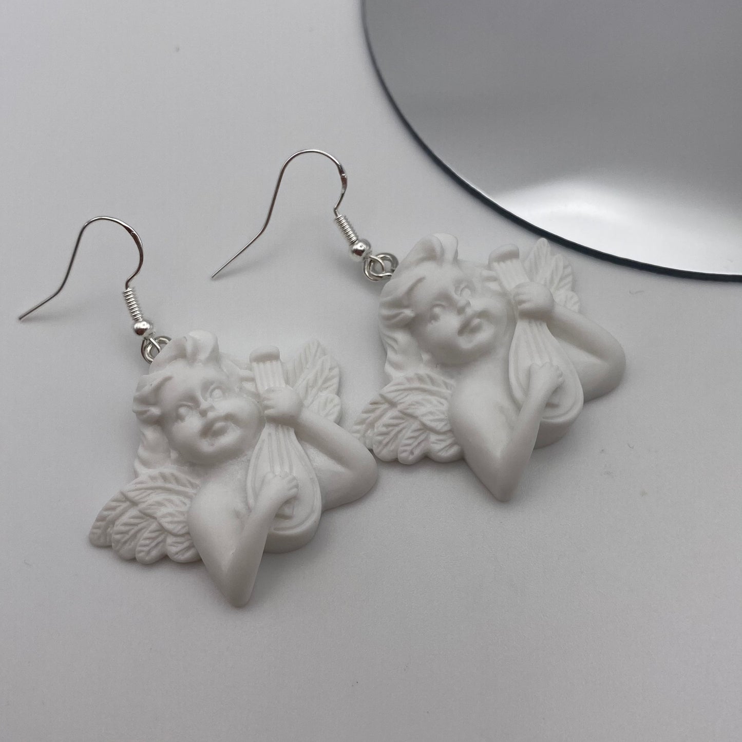 White Angel Cherub With Guitar Earrings