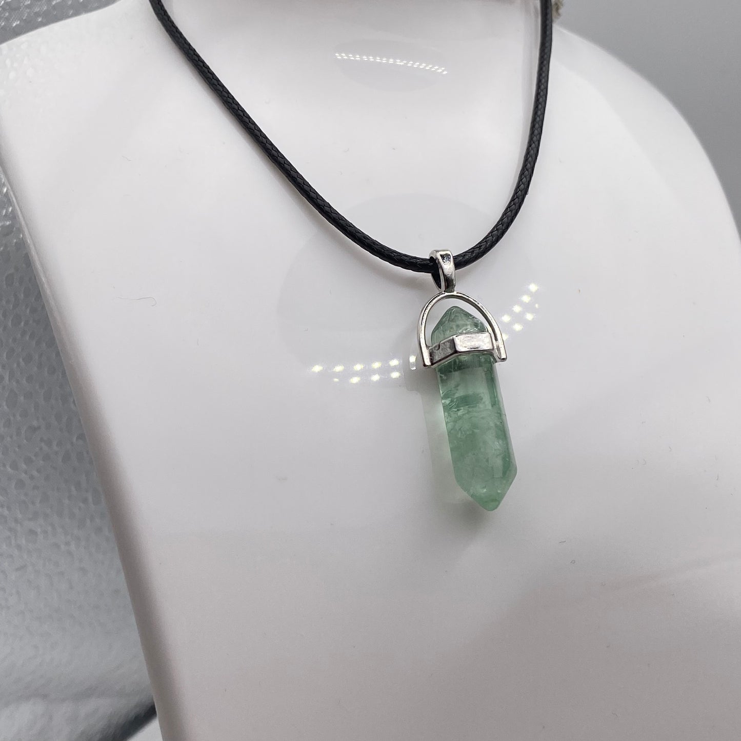 Green Fluorite Crystal Pendant Necklace on Black Cord