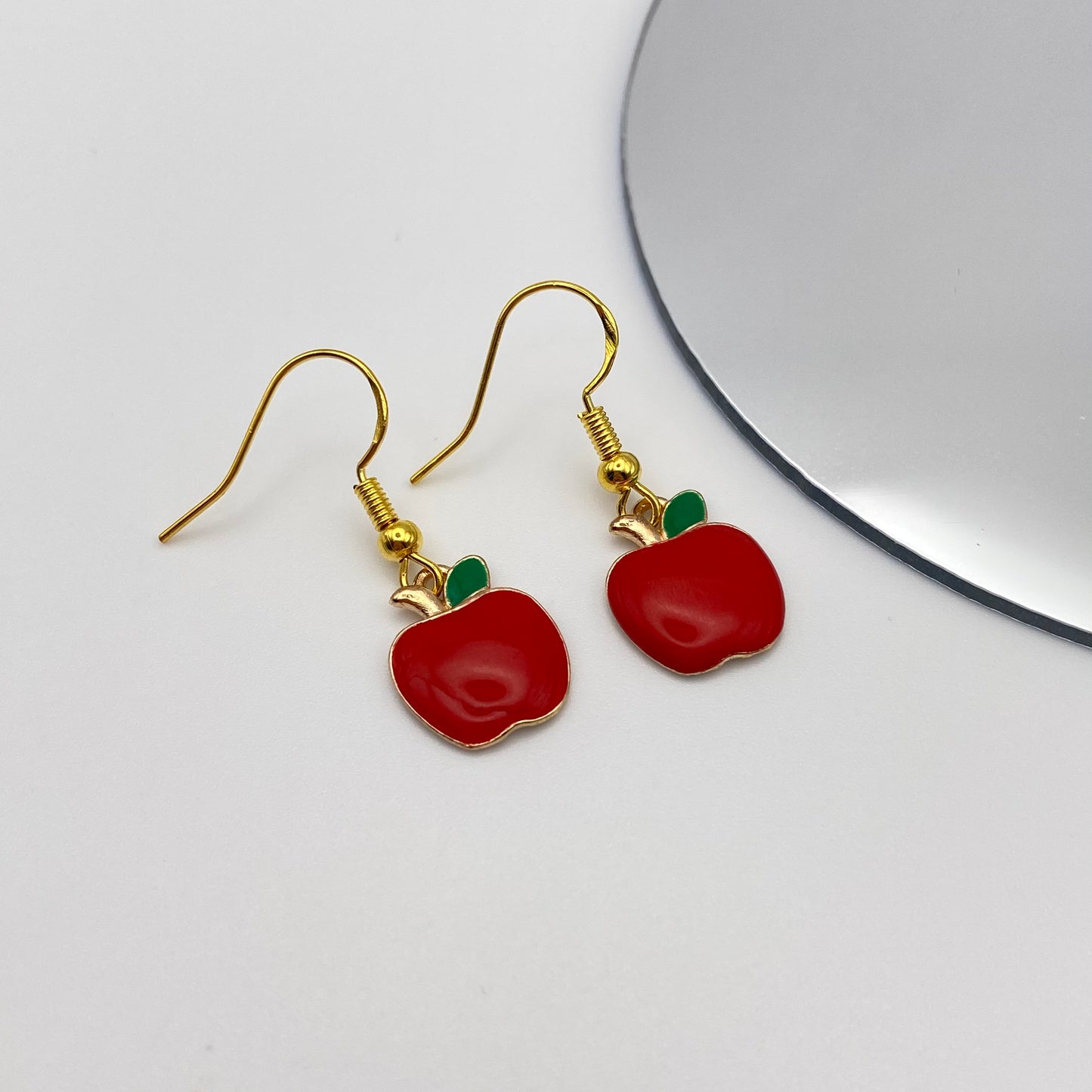 Gold Red Apple Earrings