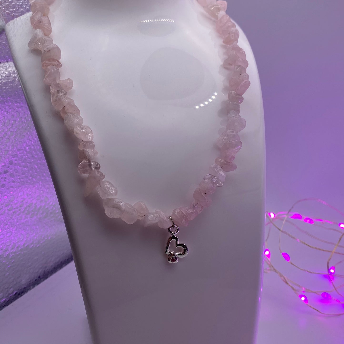 Pink Rose Quartz Crystal Heart Necklace