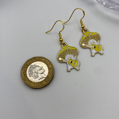 Yellow Guitar Mushroom Earrings