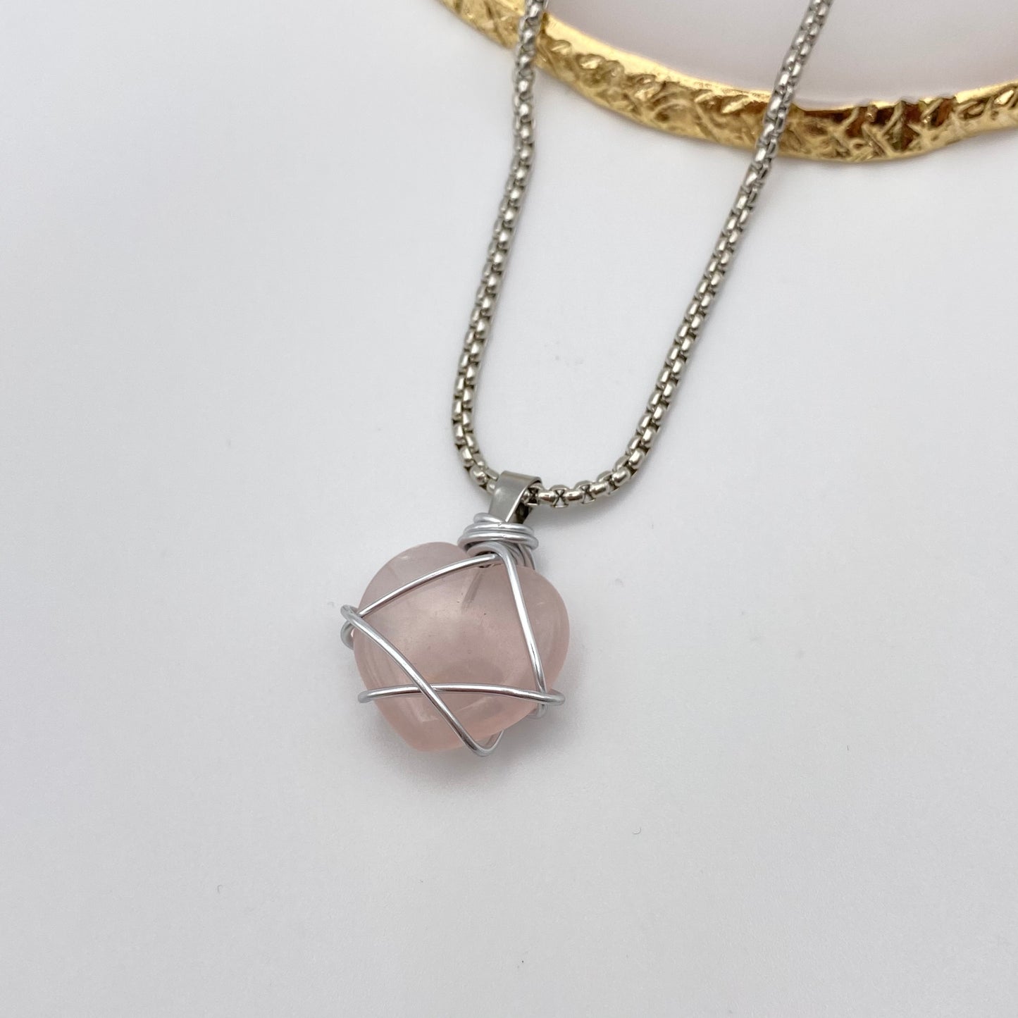 Silver Wire Wrapped Rose Quartz Crystal Heart Pendant Necklace