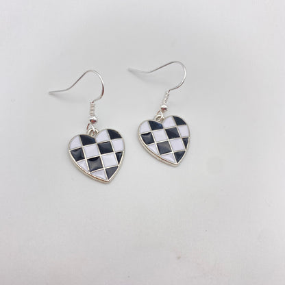 Silver Checkered Heart Earrings