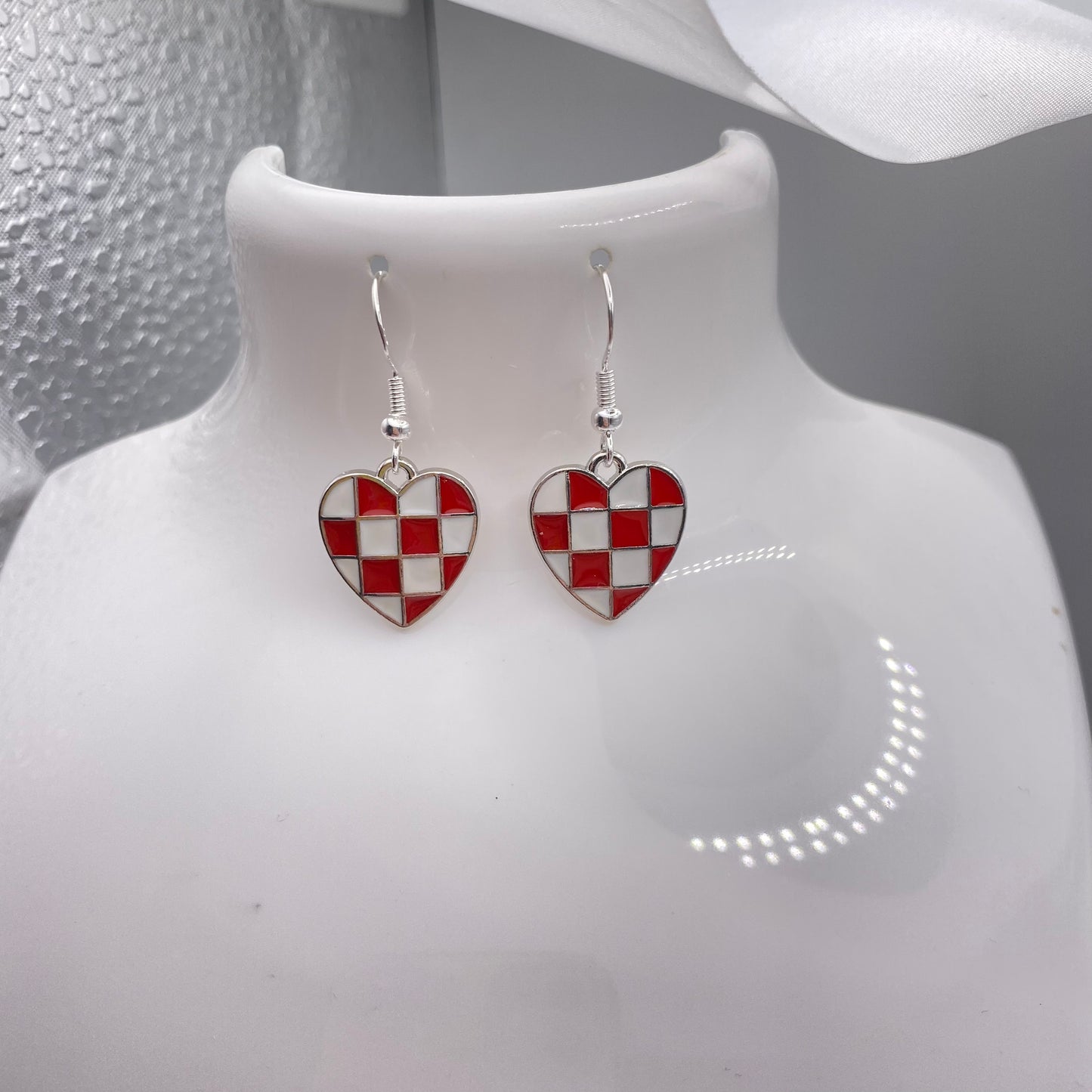 Silver Checkered Heart Earrings