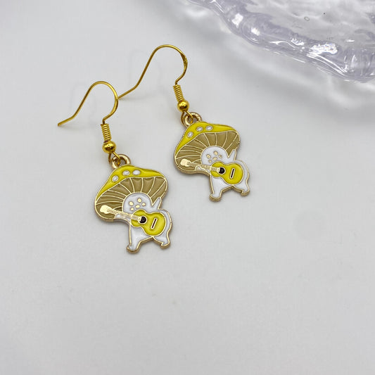 Yellow Guitar Mushroom Earrings