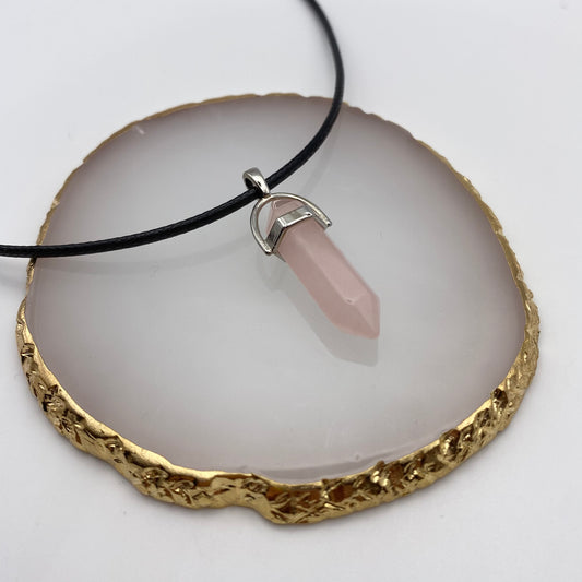 Rose Quartz Crystal Pendant Necklace on Black Chord